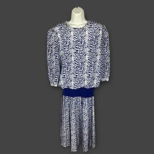 Vintage 80s Blue White Animal Print Drop Waist Secretary Midi Dress Size 12 L/XL